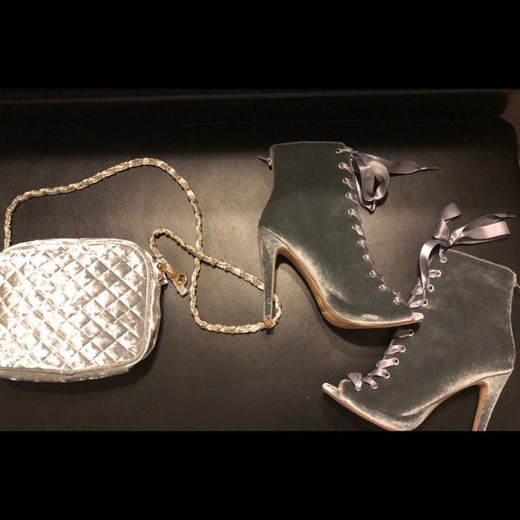 Platinum Gray Velvet Stiletto Satin laceup Booties - Picture 6 of 8